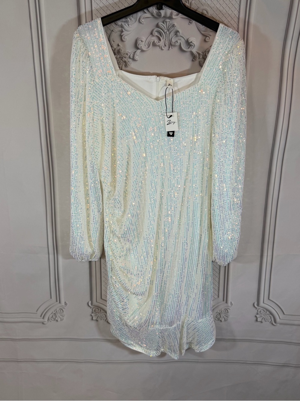 Zexxy White Iridescent Sequin Mini Dress NWT Long Sleeve V-Neck Cocktail 2X Glam